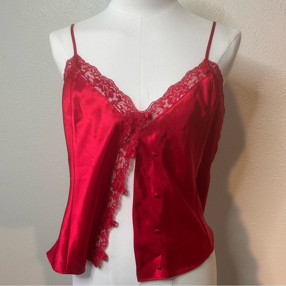 Vintage Victoria’s Secret Gold Label Red Satin & Lace Button Front Camisole Top‎